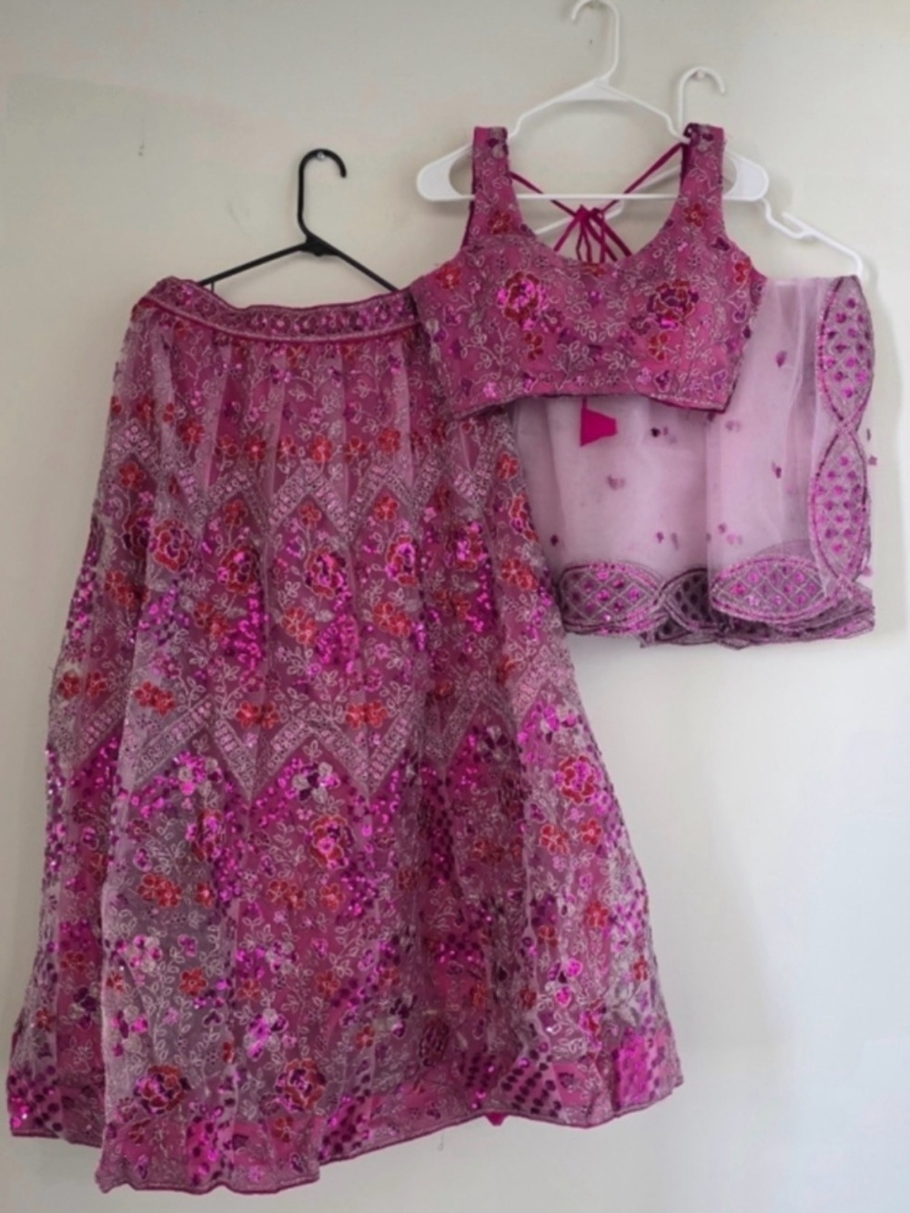 Rose Pink Net Sequins embroidered Flared Style Lehenga Choli - size 6 - Picture 2 of 7